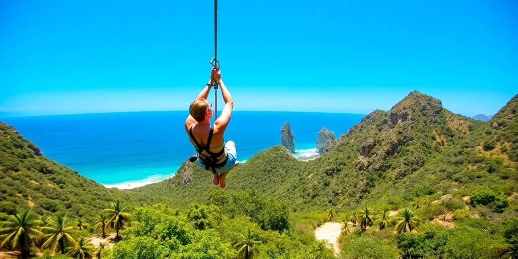 Person ziplining at Take a Zip Swing in Cabo over green hills, ocean beyond
