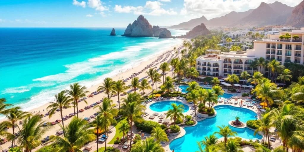 Resort beach aerial at The 10 Best Resorts in Cabo San Lucas for an Unforgettable Stay with pools, palm trees, ocean