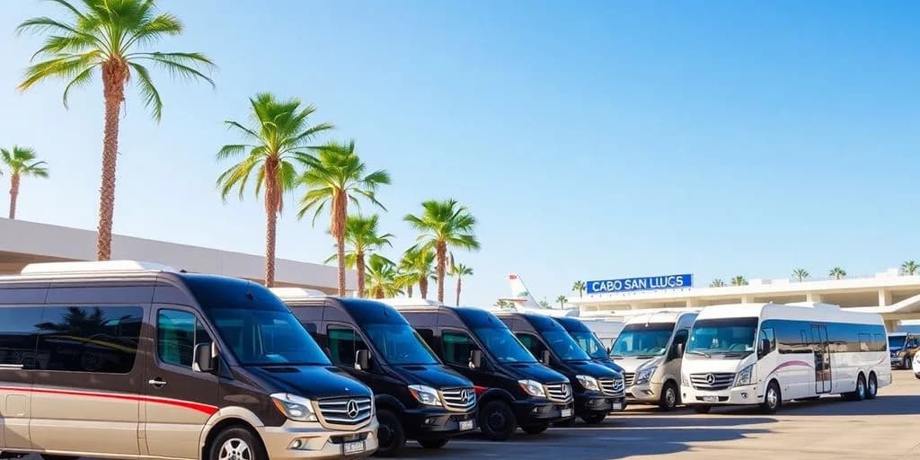 Shuttle vans at The Best Airport Transportation in Cabo San Lucas for 2026 parked in a row, with palm trees