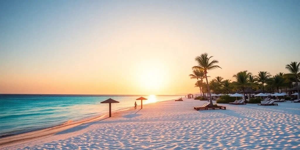 Beach sunset at The Best All-Inclusive Resorts in Cabo with Private Beaches for 2026 with two umbrellas, person walking