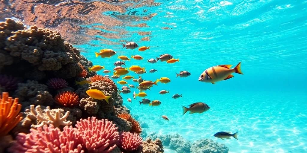 Underwater scene at The Best Beaches for Snorkeling in Los Cabos in 2026 with coral reef, many fish