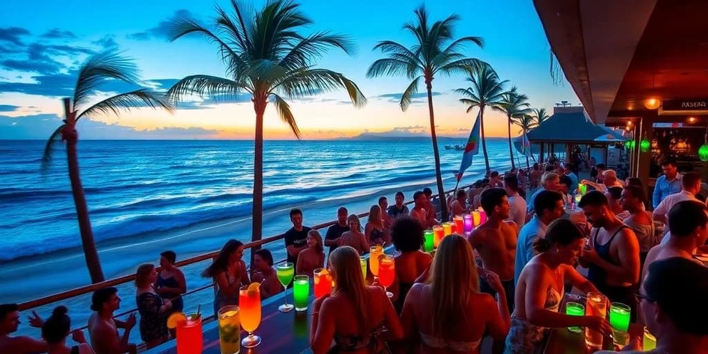 Beach bar at The Best Best Bars in Cabo San Lucas for 2026 at sunset, with colorful cocktails, people