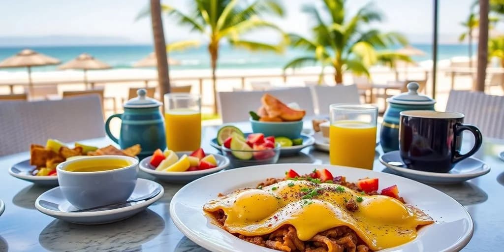 Breakfast table at The Best Best Breakfast Spots in Cabo San Lucas for 2026 with eggs, fruit, juice, ocean view