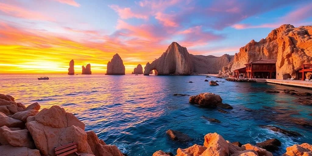Rock formations at The Best Best Instagram Spots in Cabo San Lucas for 2026 at sunset, with ocean, colorful sky