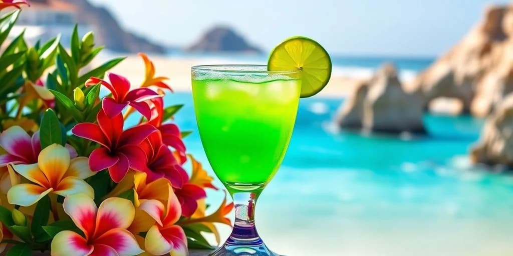Green cocktail at The Best Best Margaritas in Cabo San Lucas for 2026 with lime slice, beach background