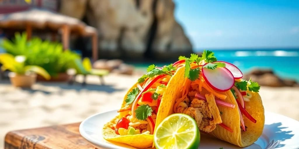 Plated tacos at The Best Best Tacos in Cabo San Lucas for 2026 with lime, beach background