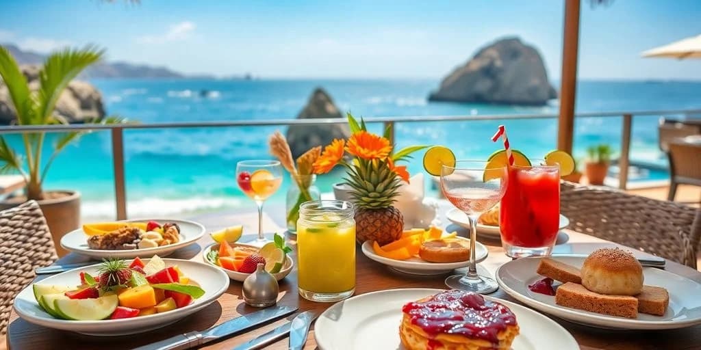 Breakfast table at The Best Brunch Locations in Cabo San Lucas for 2026 with ocean view, tropical drinks