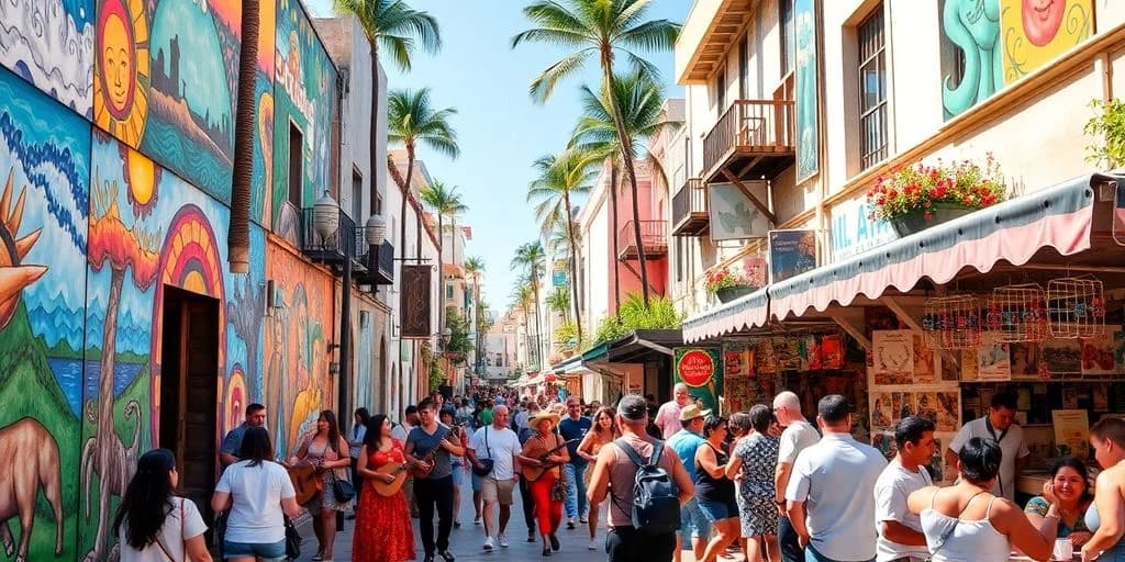 Busy street scene at The Best Cultural Experiences in Cabo San Lucas for 2026 with people, shops, palm trees