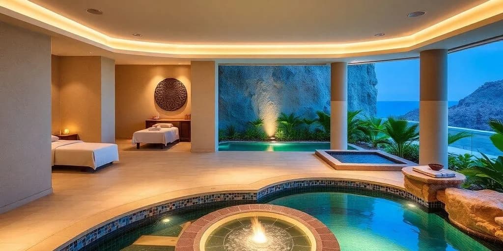 Indoor spa pool at The Best Day Spas in Cabo San Lucas for 2026 with illuminated water feature