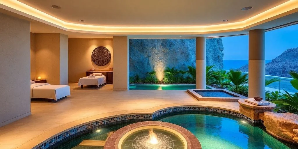 Indoor spa pool at The Best Day Spas in Cabo San Lucas for 2026 with illuminated water feature