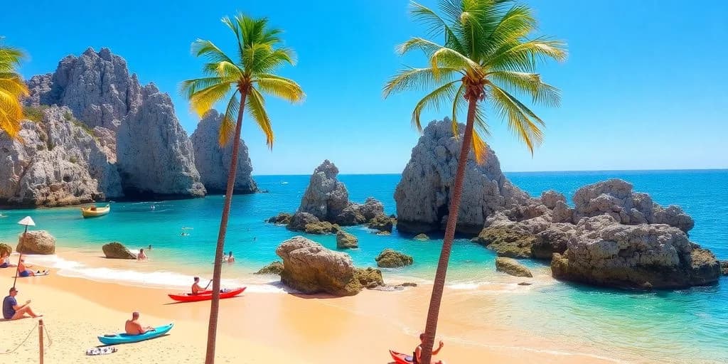 Tropical beach at The Best Day Trips in Cabo San Lucas for 2026 with palm trees, rock formations