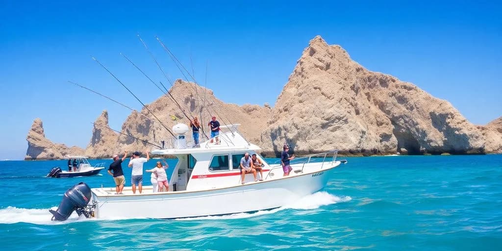 Fishing boat at The Best Fishing Charters in Cabo San Lucas for 2026 with people, near rocky coast