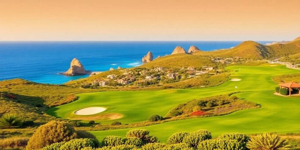 Coastal golf course at The Best Golf Courses in Cabo San Lucas for 2026 with ocean, distant rock formations