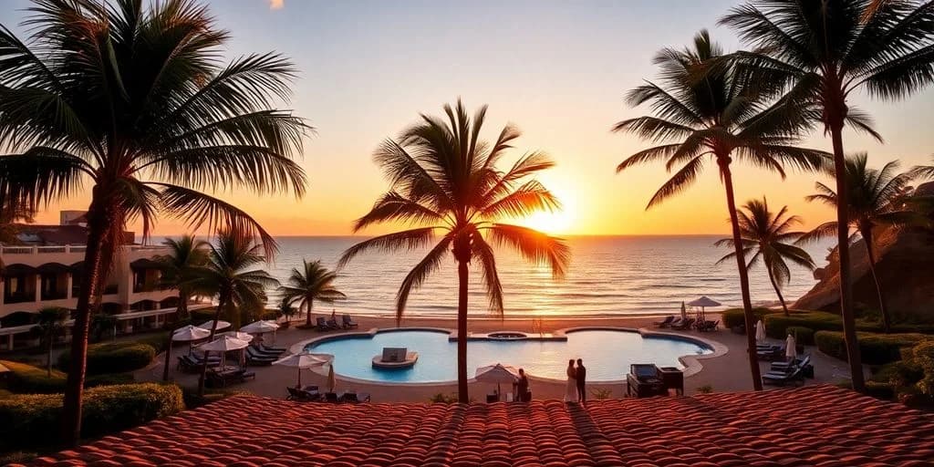 Beachfront resort pool at The Best Honeymoon Resorts in Cabo San Lucas for 2026 at sunset, with palm trees