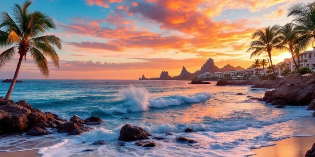 Ocean sunset at The Best Hotels in Cabo You Need to Experience with waves and rocky coast
