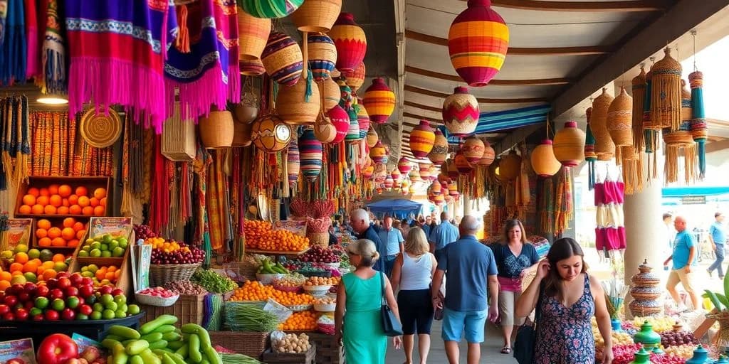 Market stall at The Best Local Markets in Cabo San Lucas for 2026 with people and hanging lanterns