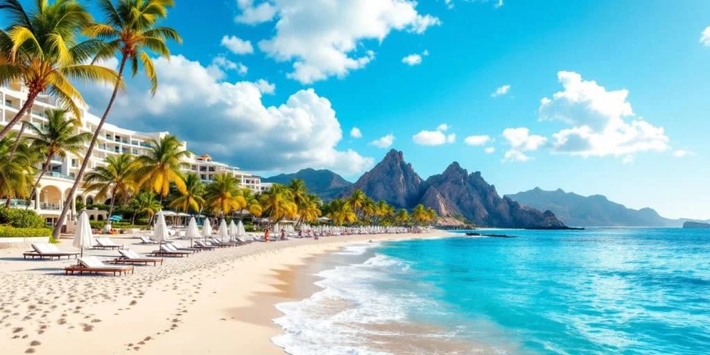 Tropical beach at The Best Los Cabos Hotels for Every Type of Traveler with resort and mountains beyond