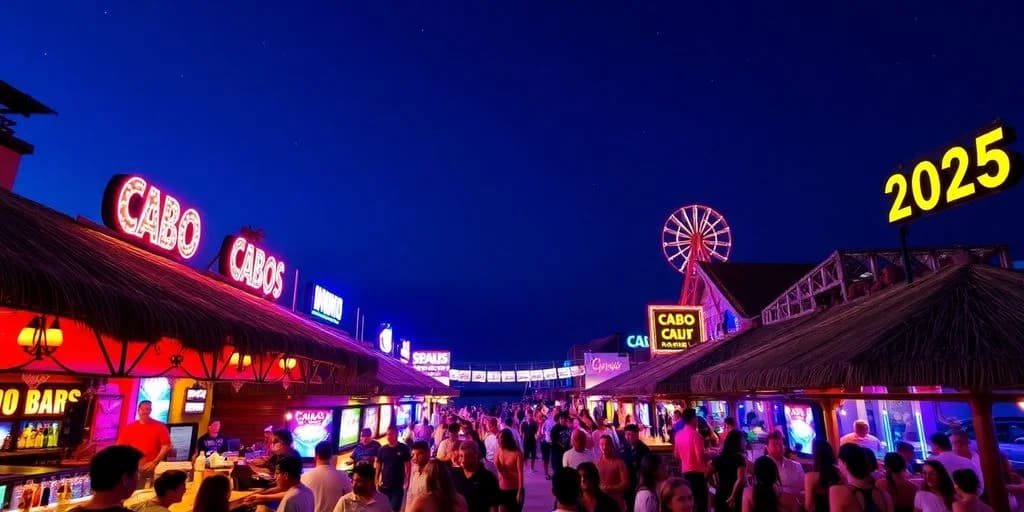 Night boardwalk at The Best Nightlife in Cabo San Lucas for 2026 with people and bright signs