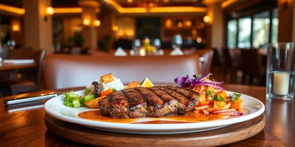 Plated steak at The Best Steakhouses in Cabo San Lucas for 2026 with rice and vegetables