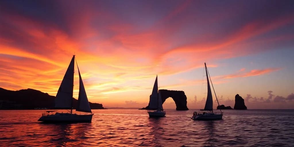 Sailboat at The Best Sunset Cruises in Cabo San Lucas for 2026 near rock arch at sunset