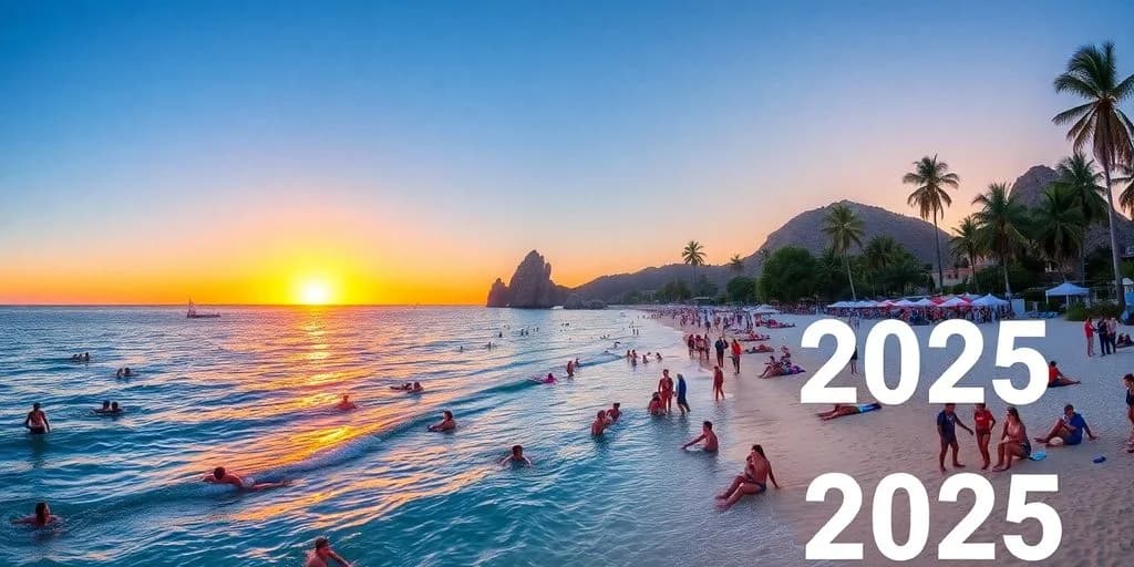 Crowded beach at The Best Travel Tips in Cabo San Lucas for 2026 at sunset with ocean