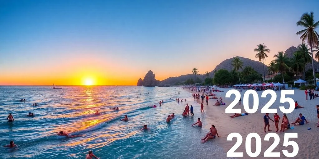 Crowded beach at The Best Travel Tips in Cabo San Lucas for 2026 at sunset with ocean