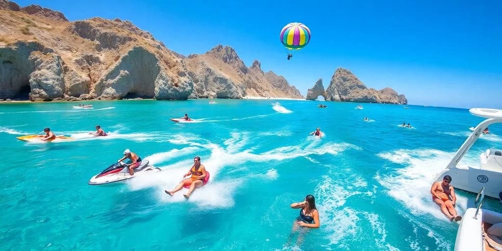 Water activities at The Best Water Sports in Cabo San Lucas for 2026 in bay with rock formations