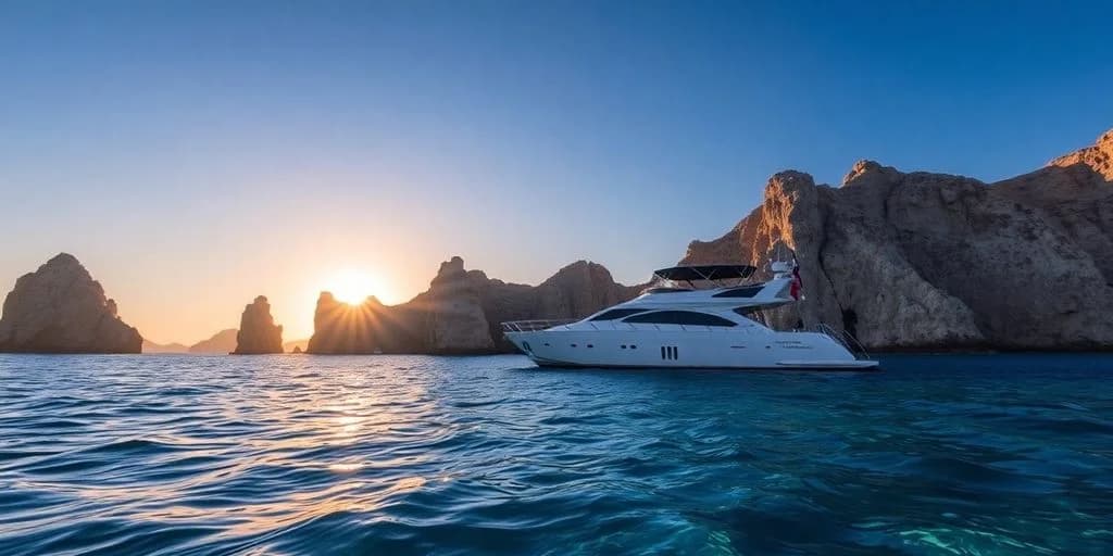 Luxury yacht at The Best Yacht Rentals in Cabo San Lucas for 2026 at sunset, rocky coast beyond