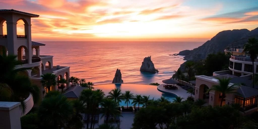 Infinity pool 2 at The Cape Cabo: ¡Experimente un lujo inigualable! at sunset, ocean rock formations