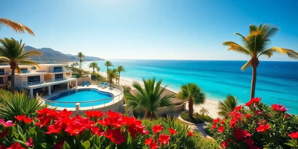 Resort pool at The Cape Cabo San Lucas: Luxury Unveiled! with beach, red flowers foreground