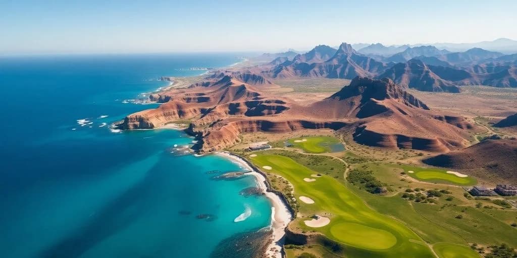 Coastal landscape at The Top Golf Courses in Cabo San Lucas for 2026 aerial view, golf course, mountains