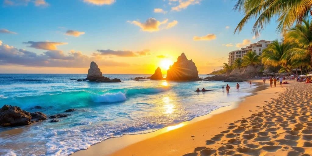 Beach rock formations at Tips for Finding Cheap Plane Tickets to Cabo at sunset, ocean waves, two people