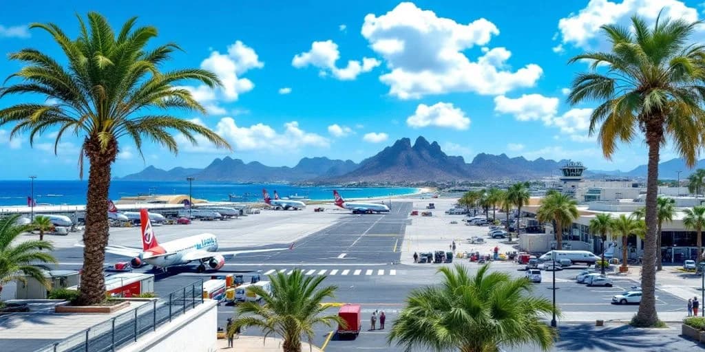 Airport runway at Tips for Navigating Cabo San Lucas Airport with airplanes, mountains, and ocean