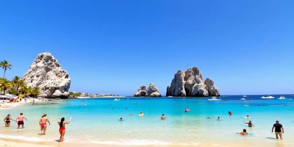 Beach swimmers at Top 10 Cabo Excursions You Can't Miss with rock formations in distance