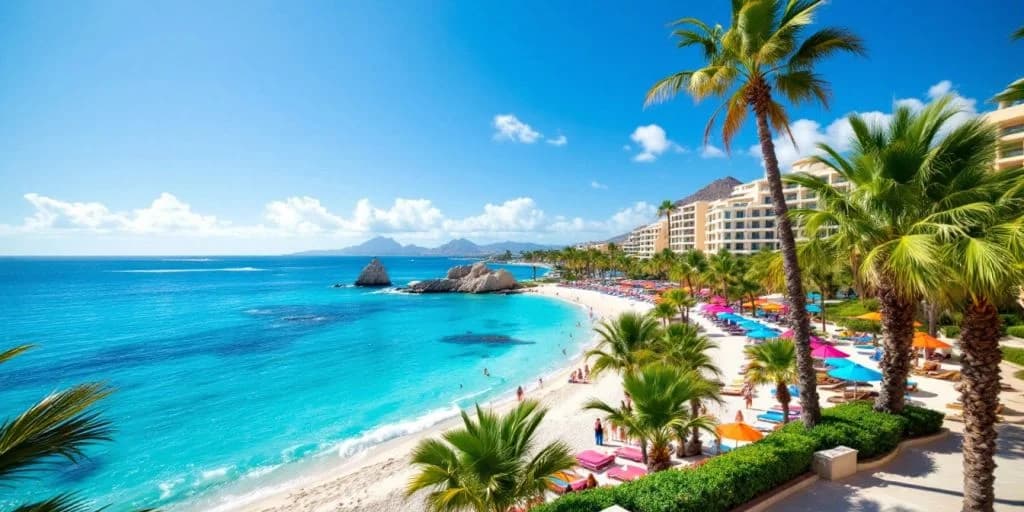 Resort beach at Top 10 Los Cabos Resorts for an Unforgettable Vacation with palm trees and buildings