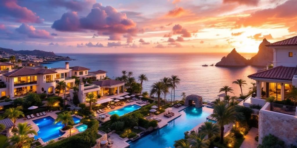 Luxury resort at Top 10 Luxury Villas in Cabo San Lucas for an Unforgettable Stay multiple pools, ocean at sunset