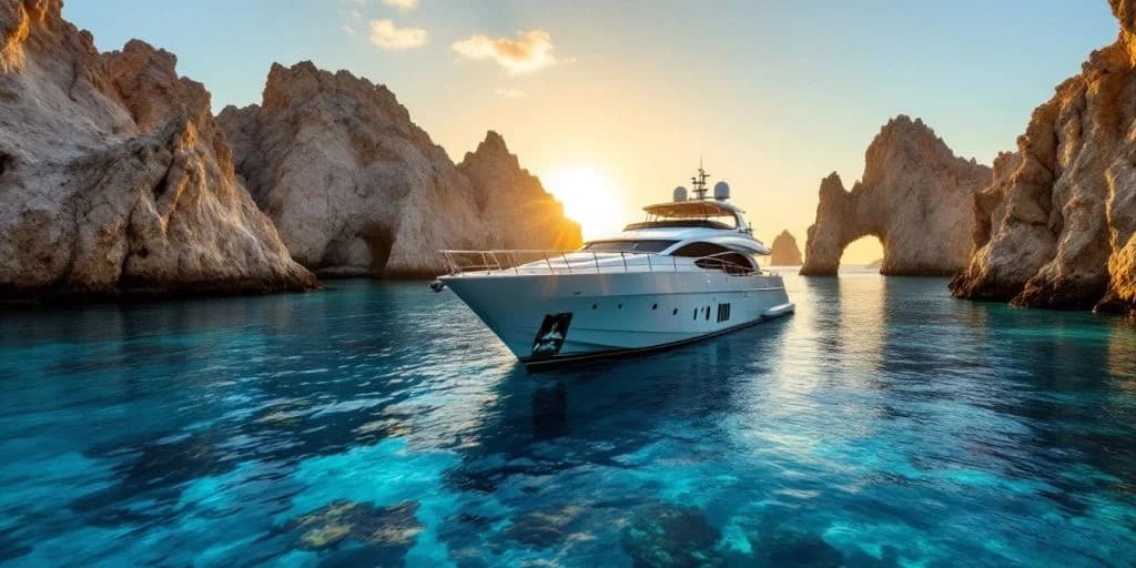 Luxury yacht at Top 10 Luxury Yacht Rentals in Cabo San Lucas for an Unforgettable Experience in clear blue water at sunset