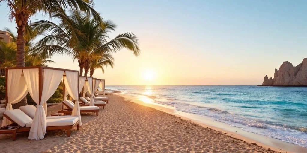 Sandy beach at Top 5 Adults Only Resorts in Cabo at sunrise with lounge chairs
