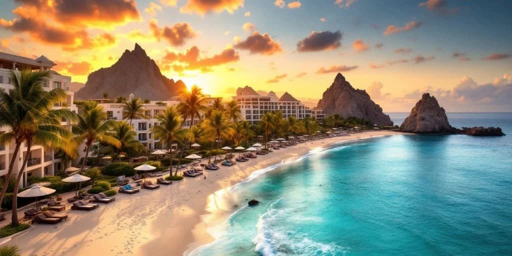 Beach resort at Top 5 Luxury Resorts Los Cabos at sunset, with mountains beyond