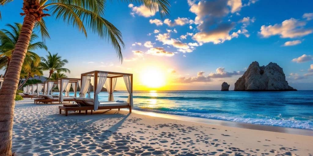Beach cabana at Top 7 All-Inclusive Resorts in Cabo Offering Unbeatable Luxury at sunset, with ocean beyond
