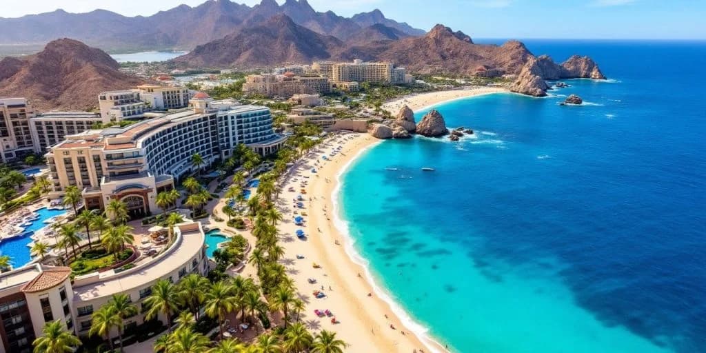 Beach resort at Top 8 Resorts in Los Cabos (2026) aerial view, with mountains beyond