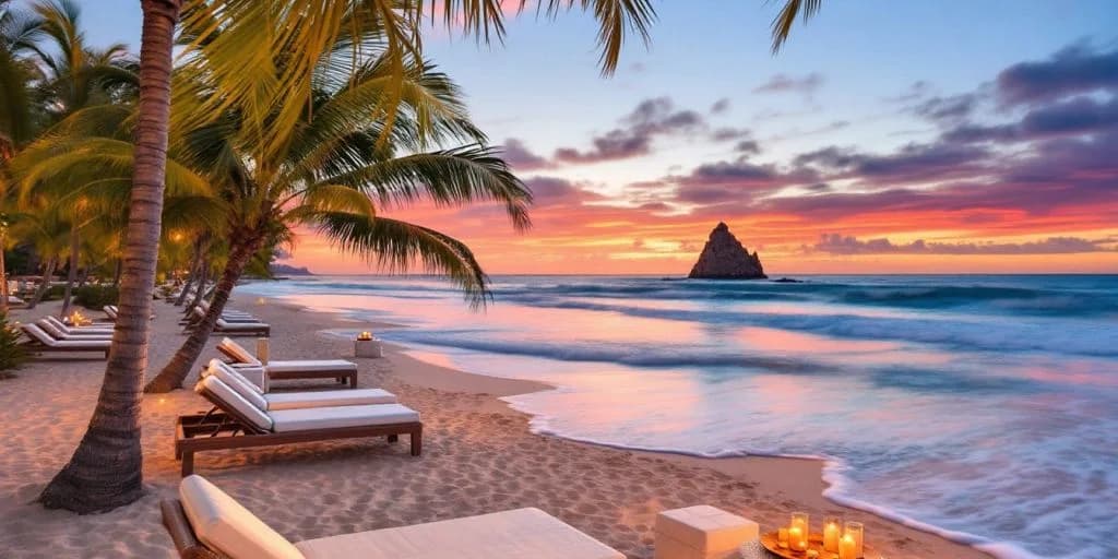 Beach lounge chairs at Top Adults-Only All-Inclusive Resorts in Cabo San Lucas at sunset, with rock formation
