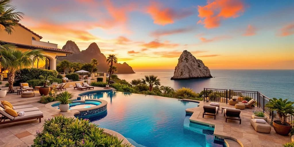 Infinity pool at Top Airbnb Rentals in Cabo San Lucas for Every Budget at sunset, with ocean beyond