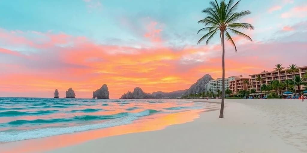 Beach ocean at Top All-Inclusive Resorts in Cabo San Lucas Revealed! at sunset, with rock formations