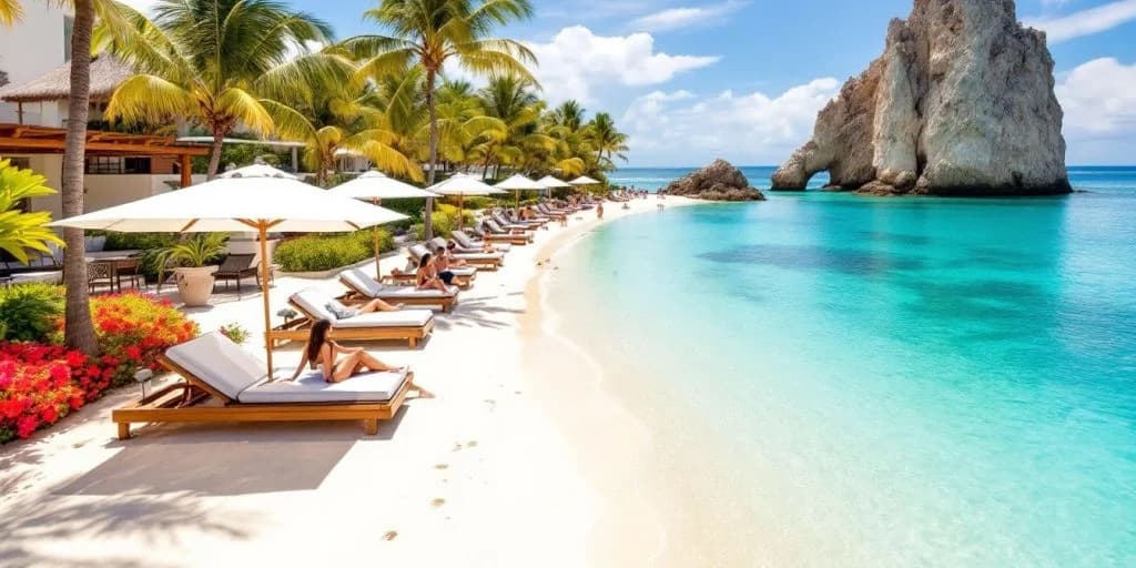 Beach lounge chairs at Top All-Inclusive Resorts in Cabo You Need to Visit with palm trees, clear sky