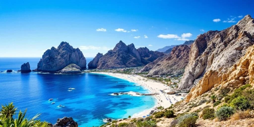Beach aerial at Top Attractions in Cabo San Lucas You Can't Miss with mountains, clear blue water