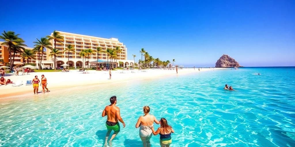 People in ocean at Top Cabo All-Inclusive Packages for Every Traveler with beach resort beyond
