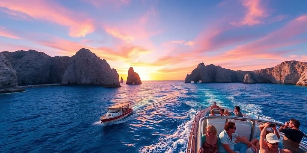 Boat on ocean at Top Cabo Boat Tours for an Unforgettable Experience at sunset, with rock formations