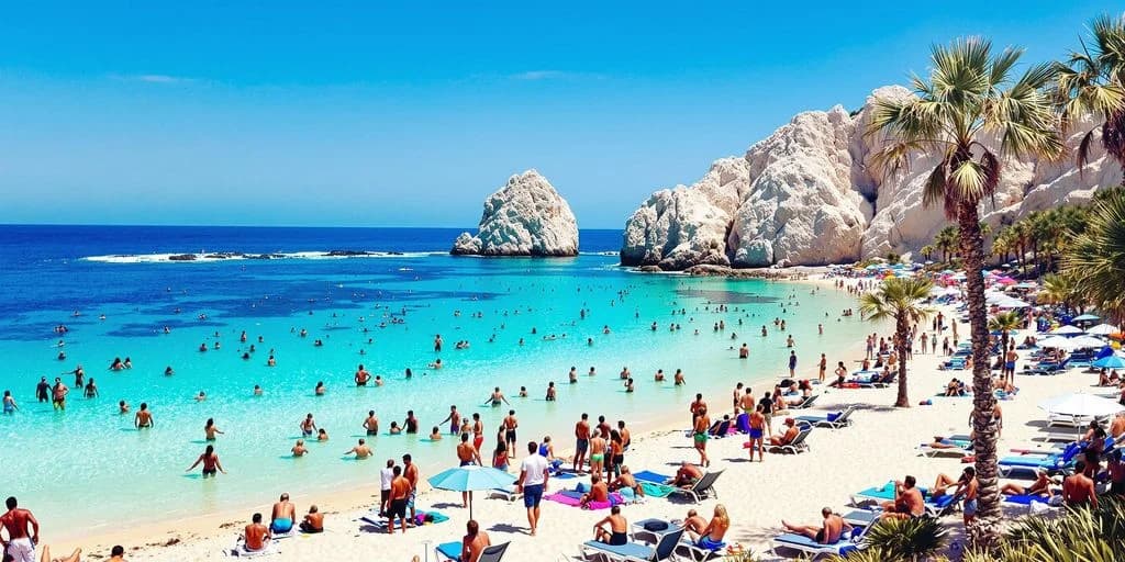 Crowded beach at Top Cabo Packages for Every Type of Traveler with rock formations, clear water