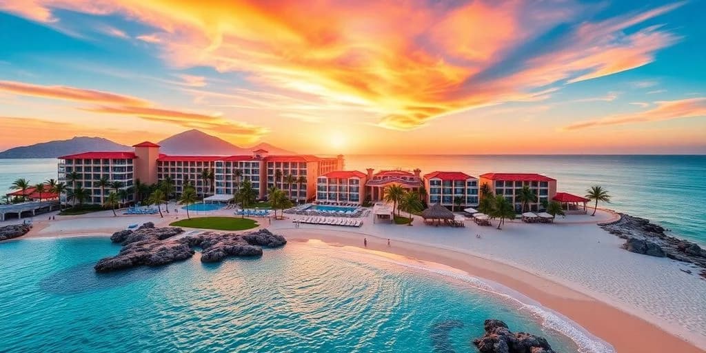 Resort exterior at Top Cabo San Lucas All-Inclusive Resorts Exposed! at sunset, with beach and ocean